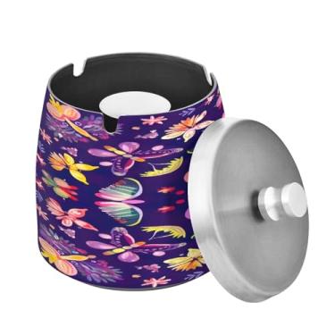 Imagem de Blueangle Cinzeiro bonito com estampa de flores com tampa para cigarros, à prova de vento/chuva, aço inoxidável, sem fumaça, inodoro, cinzeiro para uso interno ou externo (471)