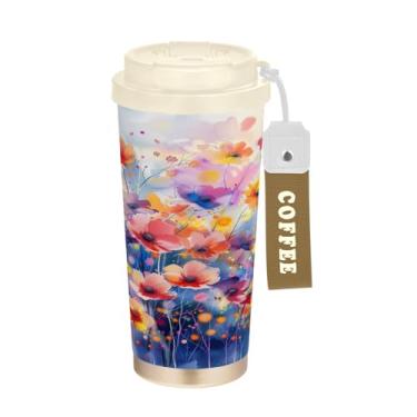 Imagem de Blueangle Caneca de café de viagem isolada com pintura em aquarela colorida - copo de aço inoxidável à prova de vazamento e derramamento para acampamento e ar livre, garrafa de água reutilizável de
