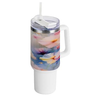 Imagem de xigua Copo vintage de flores silvestres de 1,134 g com alça e canudo, aço inoxidável duplo isolado a vácuo garrafa de água suporte de copo de garrafa de água amigável à prova de vazamento copo de