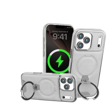 Imagem de SFDSUH Capa de couro premium com suporte magnético giratório em metal para iPhone 16e (para iPhone 16e/cinza)