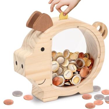 Imagem de Cofrinho de madeira para crianças, cofrinho fofo para meninos e meninas, cofrinho de madeira inquebrável, criativo para economizar dinheiro, presentes personalizados, decoração de aniversário e Natal