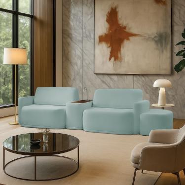 Imagem de Sofá Sala Modulado 299cm Com Puff Console Usb Luminária Brumma Bouclê K01 - D'rossi Cor Azul