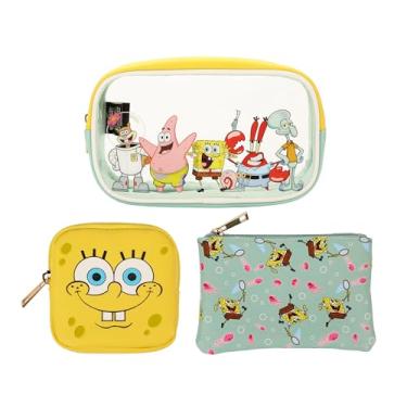 Imagem de Bioworld Nickelodeon Bob Esponja Calça Quadrada Conjunto de Bolsa Cosmética de 3 Peças com Fecho de Zíper