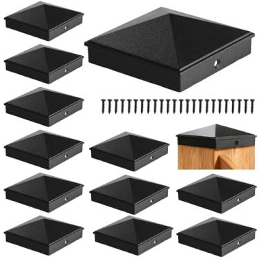Imagem de 12 tampas de poste de pirâmide de alumínio de 10 x 10 cm com 24 parafusos, tampas de poste de cerca resistentes, tampas de poste à prova de intempéries para postes de madeira, tampas de poste de cerca