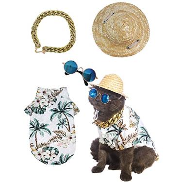 Imagem de Impoosy 4 peças fantasia de cachorro pet verão Havaí camisa óculos de sol e chapéu de palha engraçado gato com coleira de corrente dourada para cães pequenos (pequeno, branco)
