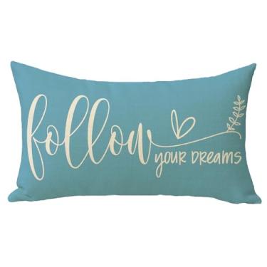 Imagem de Fjfz Follow Your Dream Capa de almofada decorativa lombar 30,5 x 50,8 cm, decoração de casa ao ar livre floral retangular azul inspiradora, capa de almofada de sofá motivacional presente de