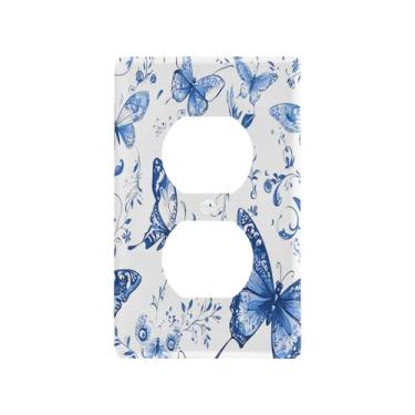 Imagem de Wassud Tampa decorativa para placa de parede com interruptor de luz azul borboletas tamanho padrão para tomadas elétricas duplex