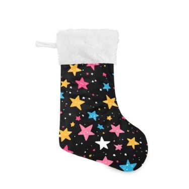 Imagem de Wassud Meia de Natal fofa com punho branco estrelas coloridas 45,7 cm grande para decoração de lareira e cornija 2 unidades