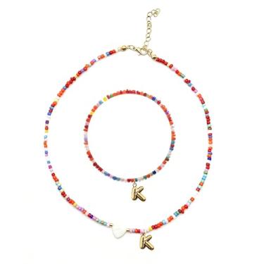 Imagem de I IHAYNER Conjunto de colar e pulseira com contas coloridas para meninas com letras personalizadas joias presentes gargantilha moderna colar combinando pulseira aniversário amizade presente, Plástico