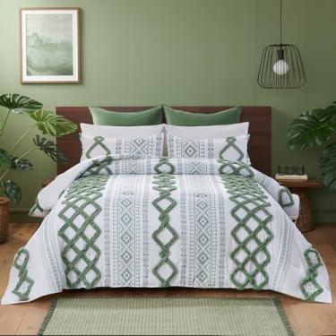 Imagem de MOVE OVER Conjunto de edredom queen verde tufado, cama em uma bolsa, boêmio, chique, asteca, com conjunto de lençol com lençol macio e leve para todas as estações