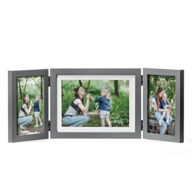 Imagem de ibalux Conjunto de 3 porta-retratos articulados, madeira de pinheiro com vidro verdadeiro, duas de 10 x 15 cm e uma 15 x 20 cm fosca para 13 x 12 cm, moldura de mesa independente ou de parede, cinza