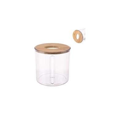 Imagem de Porta Papel Higiênico Redondo com Tampa de Bambu, Transparente, Acrílico e MDF, 13cm x 13,5cm, Multifuncional