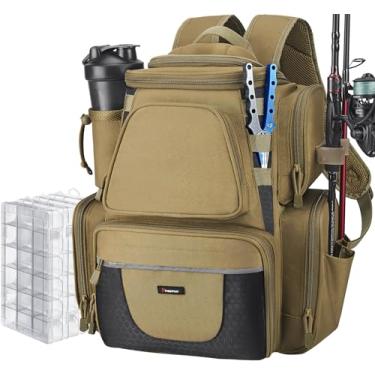 Imagem de Mochila de pesca Piscifun com 4 bandejas, grande, à prova d 'água, com capa de chuva protetora e 4 porta-malas (cáqui, preto e camuflagem), Khaki Backpack with 4 Trays