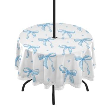 Imagem de Qilmy Toalha de mesa redonda impermeável de 152 cm com laço de fita azul com orifício para guarda-chuva e zíper – uso externo / interno resistente para pátio, churrascos, piqueniques, festas (serve