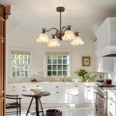 Imagem de Lustre vintage de vidro com 8 luzes em bronze envelhecido, estilo fazenda. Grande lustre Sputnik de vidro leitoso para sala de jantar. Luminária pendente francesa industrial para ilha de coz