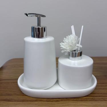 Imagem de Kit Banheiro Lavabo Premium 3 Peças com Saboneteira, Difusor e Bandeja de Porcelana(Branco)