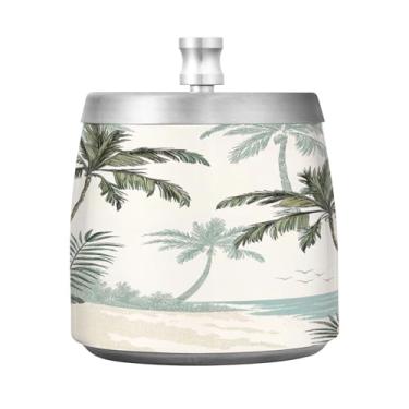 Imagem de Qilmy Cinzeiro tropical vintage de aço inoxidável com tampa - Cinzeiro de cigarro à prova de vento sem cheiro sem fumaça para casa, escritório, carro, pátio, varanda (uso interno e externo)