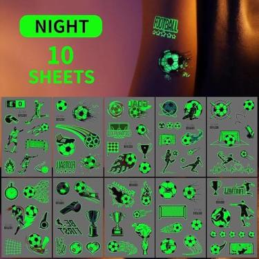 Imagem de 10 peças de tatuagens temporárias de futebol que brilham no escuro, adesivos com tema de futebol, lembrancinhas de festa