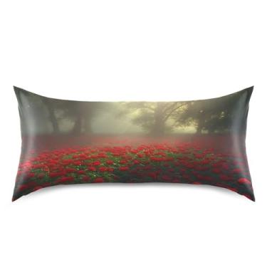 Imagem de Qilmy Fronha de cetim rosas vermelhas tamanho king size 50 x 101 cm, capa de almofada de seda refrescante para cabelo e pele, fronha respirável macia com fecho de envelope