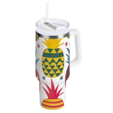 Imagem de Copo de água grande de abacaxi colorido com tampa e canudo, copos de aço inoxidável com tampa 2 em 1
