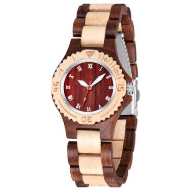 Imagem de Tiong Relógio feminino de madeira vermelho e branco com algarismos romanos, mostrador árabe vermelho feito à mão, relógio feminino casual de quartzo de madeira de quartzo