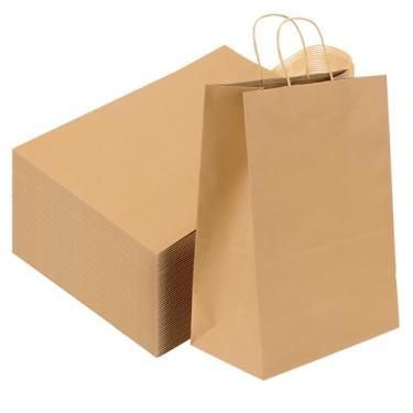 Imagem de KEILEOHO Pacote com 50 sacos de compras de papel Kraft grandes de 30 x 17 x 43 cm com alças, sacos de compras de papel marrom reutilizáveis para embrulho de presente, varejo, comida para viagem