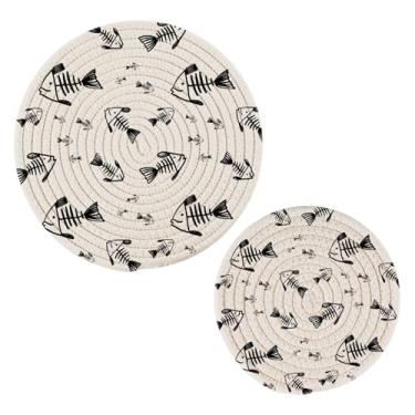Imagem de Wassud Trivet de esqueletos de peixe preto para pratos quentes, suportes redondos de algodão, almofadas quentes, porta-copos elegantes, decoração de cozinha e acessórios, 2 peças