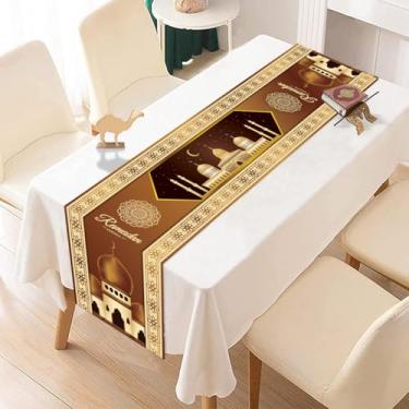 Imagem de Caminho de mesa Eid Mubarak, fundo dourado Ramadan Kareem decorações com padrão de castelo médio, corredores de mesa de jantar de cozinha para decoração de feliz feriado islâmico e suprimentos de
