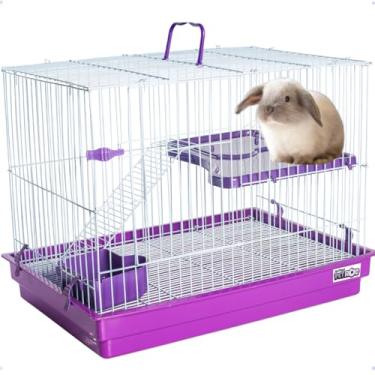 Imagem de Gaiola Grande 2 Andares para Coelho, Hamster, Chinchila e Roedores com Escada, Comedouro, Bebedouro e Plataforma, Roxo, 55x38x43cm