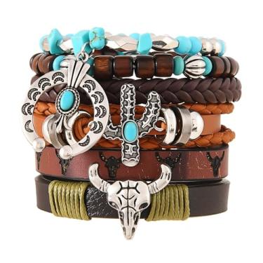 Imagem de LKingel Pulseiras femininas estilo faroeste turquesa boêmia, vintage, empilhável, turquesa, rústico, com contas e cabeça de vaca, pulseira elástica rústica ocidental, acessórios de bijuteria, Large