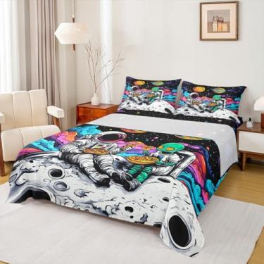 Imagem de Manfei Jogo de lençol solteiro engraçado astronauta alienígena, universo, planeta, galáxia psicodélica, 3 peças com bolso profundo + 1 fronha, decoração de quarto infantil de meninos e meninas