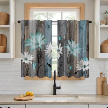 Imagem de DOTOOMA 66 x 91 cm boho azul petróleo margarida cortina de cozinha casa de fazenda flor de madeira pequena janela curta café borboleta floral rústica decoração de banheiro país tratamento drapeado