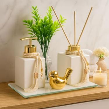 Imagem de Kit Lavabo Luxo com Difusor Aromatizador e Saboneteira de Vidro com Bandeja Espelhada Decorativa(DOURADO)