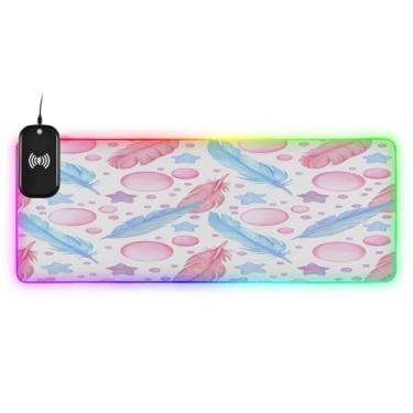 Imagem de CEBUGI Mouse pad de carregamento sem fio de penas aquarela 15W mouse pad rápido para jogos com 14 iluminação LED RGB para jogos, PC, laptop, mesa 90,9 x 39,9 cm