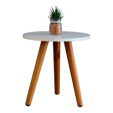 Imagem de Mesa Lateral Redonda, Tampo Branco com Pés em Madeira, Estilo Escandinavo, Mesa de Apoio para Sala (Branco)
