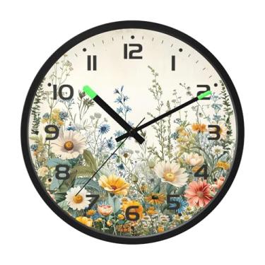 Imagem de SEHANY Herb Wildflower Relógio de parede silencioso sem tique-taque relógio redondo operado por bateria 30 cm controle de som luz noturna relógios de parede para sala de estar, cozinha, quarto