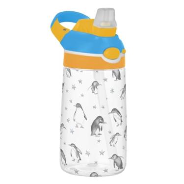 Imagem de Garrafa de água infantil com desenho de estrelas de pinguim preto e branco, para escola, 473 ml, 473 ml, garrafa de água esportiva Tritan com canudo, copos portáteis de viagem para crianças