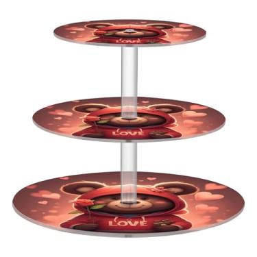 Imagem de Suporte de cupcake para festa de chá, 3 camadas, aniversário, casamento, copo de acrílico, exibição de torre de bolo, urso fofo e alegre, bandejas de servir vermelho para festa, sobremesa, decoração
