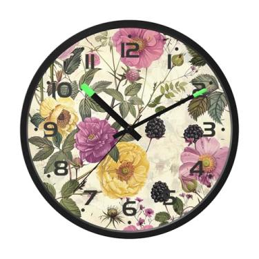 Imagem de SEHANY Herb Wildflower Relógio de parede silencioso sem tique-taque relógio redondo operado por bateria 30 cm controle de som luz noturna relógios de parede para sala de estar, cozinha, quarto