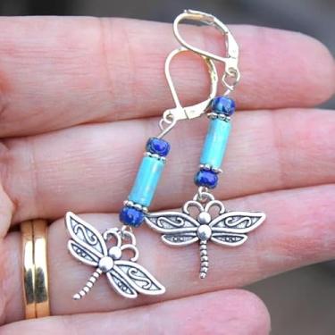 Imagem de 2 peças simples turquesa libélula e contas azuis estilo boêmio 5 cm brincos pendentes femininos, adequados para uso diário, festas e férias.