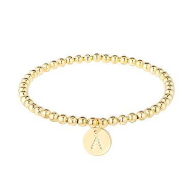 Imagem de Pulseira inicial para mulheres, pulseira de ouro delicada fofa com pingente de letra A a Z, pulseira de disco, moderna, joias simples, pulseira de ouro com contas personalizadas, 26 presentes do