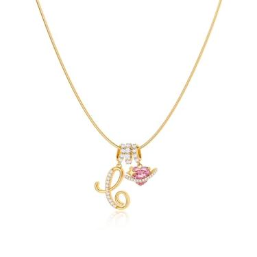 Imagem de Robaice Colar feminino banhado a ouro 14 K, pingente de letra de coração planeta rosa com corrente redonda de espinha de peixe, joia que não mancha. Presente para ela, 16'' + 2'' extender, Metal, Sem