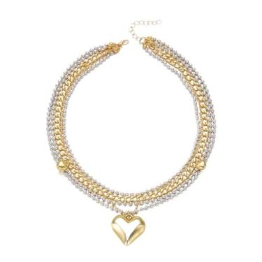 Imagem de OIDIMS Colar fashion com pingente de coração de amor, multicamadas para mulheres, corrente punk com contas, elos cubanos, gargantilha com pingente de elos cubanos, dourado, prata, elegante, joia hip