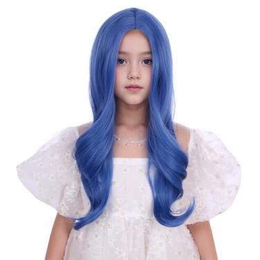 Imagem de Edivd Peruca feminina azul escuro infantil longa azul profundo ondulado cacheado peruca infantil parte do meio perucas de cabelo sintético resistente ao calor com touca