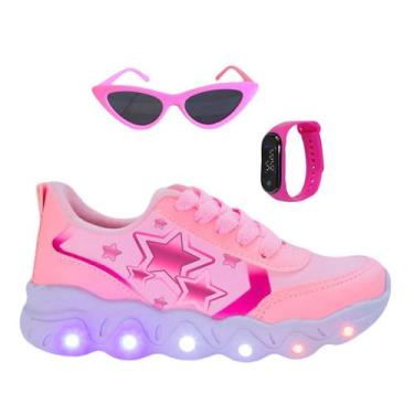 Imagem de Tênis Led Infantil Feminino Casual Jogging Estrela Coração Rosa +Óculo