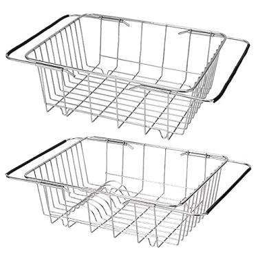 Imagem de Prateleira de secagem pratos aço inoxidável expansível sobre a pia ou na armazenamento cozinha com ralo grande capacidade para frutas e legumes