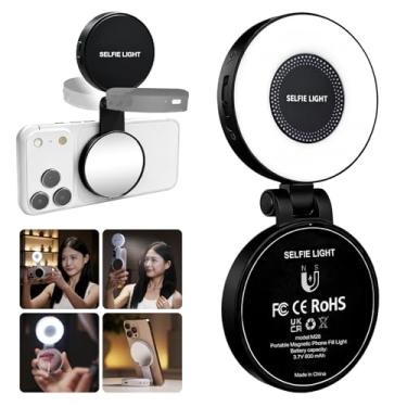 Imagem de Veedzoens Luz magnética de selfie com espelho para iPhone, 800 mAh recarregável e giratória de 360° e dobrável, luz de preenchimento de anel de LED portátil para maquiagem, selfie, fotografia, vlog