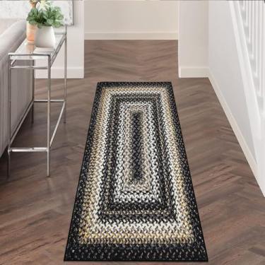 Imagem de COZYLOOM Tapete de corredor de corredor trançado 5 x 20 cm impresso rústico capa de chão lavável tapete boho antiderrapante tapete interno com detalhe boêmio para sala de estar e quarto, preto