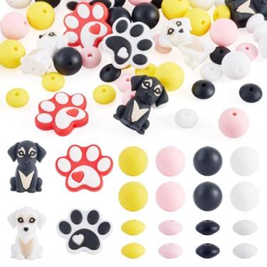 Imagem de Boutigem 52 peças de contas de silicone para cães de borracha com estampa de pata de cachorro, 15 mm, contas focais redondas de 12 mm, contas espaçadoras de abaco para caneta de contas faça você mesmo