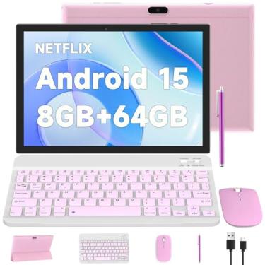 Imagem de tablet Android 14 de 10 polegadas, tablets 2 em 1 com teclado/rato/capa / lápis ótico, 8 GB de RAM + 64 GB ROM/1 TB expandir tablet, processador de quatro núcleos de 1,8 GHz, ecrã táctil HD de